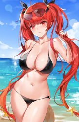 Rule 34 | 1girl, ahoge, azur lane, bare arms, bare shoulders, beach, bikini, black bikini, blue sky, breasts, cleavage, cloud, collarbone, cowboy shot, day, emyo, eyewear on head, groin, hair ornament, hair ribbon, halterneck, hand up, highres, holding, holding hair, honolulu (azur lane), honolulu (summer accident?!) (azur lane), large breasts, lens flare, long hair, looking at viewer, navel, ocean, outdoors, parted lips, red eyes, red hair, ribbon, skindentation, sky, solo, star (symbol), star hair ornament, stomach, string bikini, sunglasses, swimsuit, thighs, twintails, very long hair, water, wet