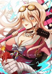 Rule 34 | 1girl, :p, ahoge, antenna hair, black choker, black gloves, blonde hair, blue eyes, blush, breasts, candle, choker, cleavage, collarbone, commentary request, criis-chan, danganronpa (series), danganronpa v3: killing harmony, fingerless gloves, fire, gloves, goggles, goggles on head, hair between eyes, iruma miu, large breasts, long hair, looking at viewer, mechanical arms, school uniform, serafuku, single mechanical arm, skirt, smile, solo, tongue, tongue out, twitter username, upper body, v