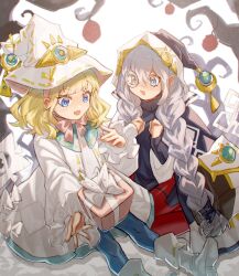 Rule 34 | 2girls, asteria of the white woods, blonde hair, blue eyes, boots, box, braid, dress, duel monster, gift, gift box, grey eyes, grey hair, hands up, highres, long hair, long sleeves, monitor (udoshiyo), monocle, multiple girls, risette of the white woods, twin braids, very long hair, white dress, white footwear, yu-gi-oh!