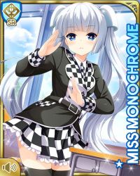 Rule 34 | 1girl, :o, belt, black jacket, blue eyes, blunt bangs, card, character name, checker pattern, closed mouth, day, girlfriend (kari), indoors, jacket, miss monochrome, miss monochrome (character), official art, qp:flapper, shirt, skirt, solo, standing, tagme, thighhighs, twintails, white footwear, white hair, white shirt