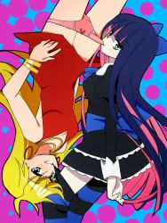 Rule 34 | 10s, 2girls, bad id, bad pixiv id, blonde hair, blue eyes, blue hair, bow, hair bow, jewelry, long hair, lots of jewelry, mouth hold, multiple girls, panties, panty &amp; stocking with garterbelt, panty (psg), shacttainw, siblings, sisters, smile, stocking (psg), striped clothes, striped legwear, striped thighhighs, thighhighs, underwear