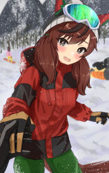 Rule 34 | 1girl, absurdres, animal ears, beanie, black gloves, blurry, blush, brown hair, coat, depth of field, gloves, goggles, goggles on head, green pants, grey hair, hat, highres, holding hands, hood, hood down, hooded coat, horse ears, horse girl, horse tail, kurikurioekaki, long hair, looking at viewer, mountain, multicolored hair, nice nature (umamusume), open mouth, outdoors, pants, people, pov, pov hands, reaching, reaching towards viewer, red coat, snow, solo focus, streaked hair, tail, tree, umamusume