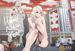 Rule 34 | 10s, 1girl, 2015, bad id, bad pixiv id, barefoot, bicycle, blue eyes, car, chuuou (tokyo), city, completely nude, feet, giant, giantess, happy new year, highres, legs, long hair, md5 mismatch, motor vehicle, new year, nude, original, real world location, sitting, sky, smile, solo focus, toes, tokyo (city), truck, vehicle, white hair, yomu (sgt epper)