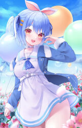 Rule 34 | 1girl, absurdres, amano kurumi, animal ears, balloon, belt, blue hair, blue jacket, blue neckerchief, blue sky, blush, breasts, carrot hair ornament, choker, commentary, contrapposto, denim, denim jacket, dress, field, flower, flower field, food-themed hair ornament, fur-trimmed jacket, fur trim, hair ornament, hairclip, hand up, highres, holding, holding balloon, hololive, jacket, long hair, looking at viewer, narrow waist, neckerchief, official alternate costume, official alternate hair length, official alternate hairstyle, open mouth, orange eyes, rabbit ears, sailor collar, sailor dress, short hair, sky, small breasts, solo, thick eyebrows, thick thighs, thighs, two side up, usada pekora, usada pekora (casual), virtual youtuber, white belt, white choker, white dress, white hair, white sailor collar, wide hips