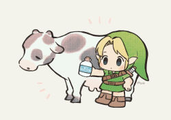 Rule 34 | ayu (mog), belt, black eyes, blonde hair, blush, boots, brown footwear, chibi, closed eyes, closed mouth, cow, dot mouth, green hat, hand on own hip, hat, hooves, link, milk, nintendo, pointy ears, simple background, sword, the legend of zelda, udder, weapon, weapon on back, white background