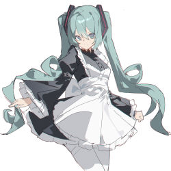Rule 34 | 1girl, absurdres, alternate costume, apron, aqua eyes, aqua hair, black dress, breasts, closed mouth, cowboy shot, dress, enmaided, frilled dress, frilled sleeves, frills, hatsune miku, highres, juliet sleeves, long hair, long sleeves, looking at viewer, maid, pantyhose, puffy sleeves, qtian, simple background, small breasts, smile, solo, twintails, very long hair, vocaloid, white apron, white background, white pantyhose, wide sleeves