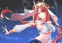 Rule 34 | 1girl, :d, armpits, blue eyes, blurry, breasts, dancer, detached sleeves, floating hair, genshin impact, horns, large breasts, long hair, long sleeves, looking at viewer, low twintails, midriff, navel, nilou (genshin impact), open mouth, outstretched arm, red hair, revealing clothes, smile, solo, stomach, twintails, underboob, upper body, veil, xion32