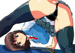 Rule 34 | 1girl, arm support, ass, black panties, black thighhighs, blue vest, breasts, brown eyes, brown hair, collared shirt, commentary request, cropped legs, from behind, grey skirt, gun, hand on own ass, handgun, kamisimo 90, kneepits, legs, looking at viewer, looking back, looking through own legs, medium breasts, necktie, open mouth, original, panties, pantyshot, pistol, presenting, red necktie, school uniform, shirt, short hair, short sleeves, simple background, skirt, solo, spread legs, sweater vest, thighhighs, thighs, top-down bottom-up, underwear, upside-down, vest, weapon, white background, white shirt