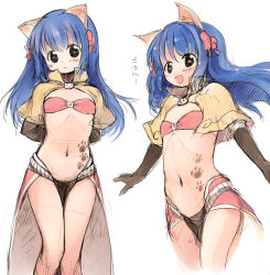 Rule 34 | 1girl, animal ears, arms behind back, bikini, bikini top only, black eyes, blue hair, blush, bow, brown capelet, brown gloves, capelet, cat ears, closed mouth, commentary request, elbow gloves, emurin, feet out of frame, flat chest, gloves, hair bow, long hair, looking at viewer, mage (ragnarok online), majiko (emurin), midriff, multiple views, navel, open mouth, paw print tattoo, ragnarok online, red bikini, red bow, red skirt, showgirl skirt, simple background, skirt, smile, star-shaped pupils, star (symbol), swimsuit, symbol-shaped pupils, white background