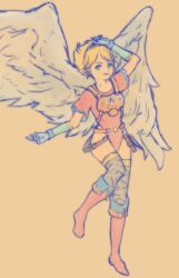 Rule 34 | 1girl, angel wings, armor, blonde hair, breath of fire, breath of fire i, feathered wings, full body, gloves, green eyes, hairband, highres, leotard, looking at viewer, lucky nanaban, nina (breath of fire i), red leotard, short hair, simple background, smile, solo, thighhighs, white wings, wings