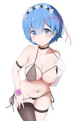 Rule 34 | 1girl, arm strap, bikini, bikini pull, black thighhighs, blue eyes, blue hair, breasts, cleavage, closed mouth, clothes pull, collarbone, coro fae, elbow gloves, gloves, hair ornament, highres, large breasts, looking at viewer, nail polish, navel, nipples, one breast out, pulling own clothes, purple nails, re:zero kara hajimeru isekai seikatsu, rem (re:zero), revealing clothes, see-through, short hair, side-tie bikini bottom, single elbow glove, single thighhigh, solo, stomach, strap pull, swimsuit, thigh strap, thighhighs, white gloves, x hair ornament