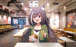 Rule 34 | 1girl, animal ear fluff, animal ears, artist name, black hair, burger, cat ears, cat girl, collarbone, commentary, fang, food, green jacket, highres, holding, holding food, jacket, karyl (princess connect!), karyl (real) (princess connect!), long hair, low twintails, mmlyno, multicolored hair, open mouth, photo background, princess connect!, purple eyes, solo, streaked hair, twintails, white hair