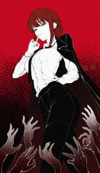 Rule 34 | 1girl, absurdres, arm behind back, artist logo, artist name, bird, black coat, black necktie, black pants, braid, braided ponytail, breasts, chainsaw man, coat, coat on shoulders, collared shirt, cowboy shot, crow, dark background, finger to mouth, formal, greyscale, hancho, highres, jacket, looking at viewer, makima (chainsaw man), medium breasts, medium hair, monochrome, necktie, off shoulder, pants, red background, red hair, ringed eyes, shirt, shirt tucked in, shushing, sidelocks, smile, solo, spot color, suit, white shirt, yellow eyes