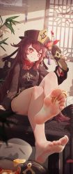 Rule 34 | absurdres, barefoot, blush, brown hair, genshin impact, happy, highres, holding, holding shoes, hu tao (genshin impact), leaning forward, leg lift, shoes, sitting, smile, spread legs
