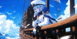 Rule 34 | 1girl, 95---, absurdres, bird, blue hair, blue sky, braid, cloud, coat, coat on shoulders, day, epaulettes, epic seven, gloves, hat, highres, jacket, looking at viewer, military jacket, military uniform, naval uniform, navy captain landy (epic seven), outdoors, peaked cap, purple eyes, ship, short hair, sky, sleeve cuffs, solo, uniform, watercraft, white coat, white gloves, white hat