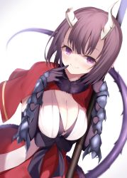 Rule 34 | 1girl, black bra, black gloves, blush, bob cut, bra, breasts, broken horn, capelet, cleavage, closed mouth, demon tail, eriko (princess connect!), fur-trimmed capelet, fur-trimmed skirt, fur trim, gauntlets, gloves, highres, horns, large breasts, looking at viewer, maosame, polearm, princess connect!, purple eyes, purple hair, red capelet, red skirt, sash, short hair, simple background, skirt, smile, solo, spiked tail, split mouth, tail, underwear, weapon, white background