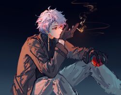 Rule 34 | 1boy, absurdres, black gloves, black sweater, brown jacket, cigarette, closed mouth, commentary, earrings, gloves, gradient background, grey pants, highres, holding, holding cigarette, jacket, jewelry, long sleeves, male focus, open clothes, open jacket, pants, purple hair, red eyes, saibou shinkyoku, short hair, simple background, smile, smoke, solo, sweater, symbol-only commentary, theodore riddle, turtleneck, turtleneck sweater, xinjinjumin100275710227