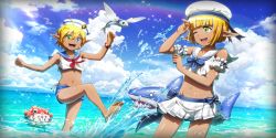 Rule 34 | 1boy, 1girl, aura bella fiora, bikini, blonde hair, blue eyes, brother and sister, crossdressing, dark elf, elf, fish, green eyes, hat, heterochromia, highleg, highleg bikini, highleg swimsuit, highres, inflatable shark, inflatable toy, mare bello fiore, official art, one eye closed, outdoors, overlord (maruyama), pointy ears, puffer fish, reverse trap, sailor collar, sailor hat, siblings, swimsuit, tagme, tomboy, trap, twins
