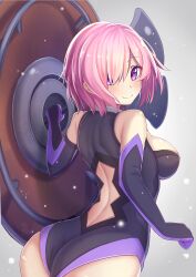 Rule 34 | 1girl, absurdres, ass, back cutout, black leotard, breasts, closed mouth, clothing cutout, commentary, fate/grand order, fate (series), grey background, hair over one eye, highres, holding, holding shield, large breasts, leotard, looking at viewer, lord camelot (fate), mash kyrielight, pink eyes, pink hair, shield, short hair, smile, solo, zeolch