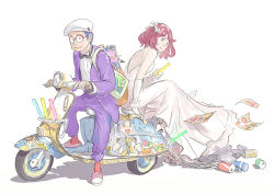 Rule 34 | 1boy, 1girl, artistic error, backpack, bag, black neckwear, blue hair, bow, bowtie, bridal gauntlets, bride, can, decal, dress, drink can, formal, glowstick, hat, head wreath, looking at viewer, motor vehicle, multiple riders, pomodorosa, purple suit, red-framed eyewear, red hair, scooter, shadow, short hair, smile, soda can, suit, vehicle, vehicle request, wedding dress, white dress, white hat