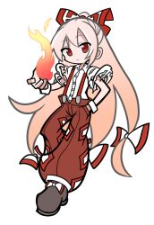 Rule 34 | 1girl, bow, brown footwear, closed mouth, collared shirt, fire, footwear bow, fujiwara no mokou, full body, long hair, looking at viewer, ofuda, ofuda on clothes, pants, parody, puyopuyo, red eyes, red pants, shinmon akika, shirt, simple background, solo, style parody, suspenders, torn clothes, torn sleeves, touhou, white background, white shirt