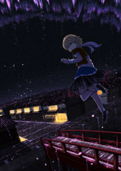 Rule 34 | 1girl, architecture, arm at side, arm warmers, back, black footwear, blonde hair, bridge, building, closed mouth, east asian architecture, floating, from behind, glowing, glowing eyes, green eyes, light particles, looking at viewer, looking back, luke (kyeftss), mizuhashi parsee, night, night sky, outdoors, pointy ears, road, sash, scarf, shoes, short hair, short sleeves, skirt, sky, socks, solo, street, touhou, white scarf, white socks