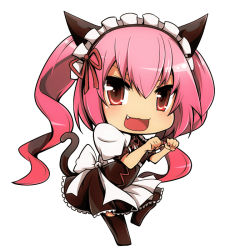 Rule 34 | 1girl, akiha rumiho, animal ears, cat ears, cat girl, cat tail, chibi, fang, faris nyannyan, female focus, full body, maid, maid headdress, open mouth, paw pose, pink hair, red eyes, simple background, solo, steins;gate, tail, tanashi (mk2), twintails, white background