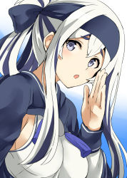 Rule 34 | 10s, 1girl, ainu clothes, blue eyes, breasts, commentary request, cropped jacket, folded ponytail, headband, highres, kamelie, kamoi (kancolle), kantai collection, long hair, long sleeves, looking at viewer, sideboob, solo, thick eyebrows, upper body, white hair, wrist guards