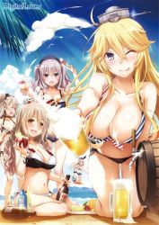 Rule 34 | 10s, 5girls, alcohol, all fours, alternate costume, amatsukaze (kancolle), american flag bikini, american flag print, anchor hair ornament, beach, beer, beer keg, beer mug, bikini, blonde hair, blue eyes, bottle, breasts, cloud, cloudy sky, cocktail, collarbone, cup, day, drunk, flag print, hair between eyes, hair ornament, halterneck, iowa (kancolle), jpeg artifacts, kantai collection, kashima (kancolle), large breasts, leaning forward, light brown hair, long hair, looking at viewer, looking to the side, midriff, mug, multiple girls, nakajima yuka, navel, ocean, one eye closed, open mouth, outdoors, palm tree, pola (kancolle), print bikini, rensouhou-chan, shimakaze (kancolle), silver hair, sitting, sky, star-shaped pupils, star (symbol), surfboard, surfing, swimsuit, symbol-shaped pupils, tongue, tongue out, tree, twintails, two side up, v, wavy hair, wine, wine bottle