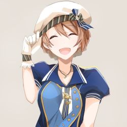 Rule 34 | 10s, 1girl, adjusting clothes, adjusting headwear, beret, blue shirt, braid, buttons, closed eyes, commentary request, earrings, gloves, hat, idolmaster, idolmaster million live!, jewelry, light brown hair, musical note, necklace, necktie, open mouth, pin, puffy short sleeves, puffy sleeves, ribbon, sakuramori kaori, shirt, short sleeves, side braid, simple background, smile, solo, swept bangs, upper body, white gloves, white hat