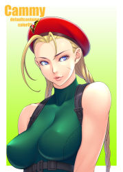 Rule 34 | 1girl, antenna hair, bare shoulders, beret, blonde hair, blue eyes, braid, breasts, cammy white, character name, covered erect nipples, harness, hat, ken19941028, leotard, long hair, parted lips, scar, skin tight, solo, street fighter, street fighter v, twin braids, upper body
