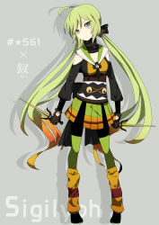 Rule 34 | 10s, 1girl, bad id, bad pixiv id, bow, character name, creatures (company), game freak, gen 5 pokemon, gloves, green eyes, green hair, hair bow, long hair, loose socks, matching hair/eyes, merlusa, nintendo, obi, pantyhose, personification, pokedex number, pokemon, pokemon bw, sai (weapon), sash, shoes, sigilyph, skirt, socks, solo, thighhighs, twintails, weapon