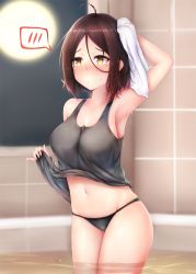 Rule 34 | 1girl, ahoge, arm up, armpits, bare shoulders, bath, bathtub, black panties, black tank top, blurry, blurry background, blush, breasts, brown eyes, brown hair, closed mouth, collarbone, cowboy shot, depth of field, dumbbell nan kilo moteru?, endsmall min, full body, groin, hair between eyes, highres, holding, holding towel, indoors, large breasts, mole, mole under eye, nose blush, panties, resolution mismatch, solo, source larger, spoken blush, standing, tachibana satomi, tank top, tile wall, tiles, towel, underwear, wading, water