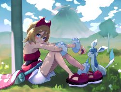 Rule 34 | 1girl, absurdres, against tree, anklet, blonde hair, blue eyes, blush, bracelet, closed mouth, cloud, collar, commentary request, creatures (company), day, from side, game freak, gen 4 pokemon, glaceon, grass, green bag, hair between eyes, hairband, highres, holding, holding poke ball, irida (pokemon), jewelry, looking at viewer, medium hair, mountain, nintendo, outdoors, poke ball, poke ball (legends), pokemon, pokemon (creature), pokemon legends: arceus, red footwear, red hairband, red shirt, ryoha kosako, sash, shirt, shoes, shorts, sitting, sky, strapless, strapless shirt, tree, waist cape, white shorts