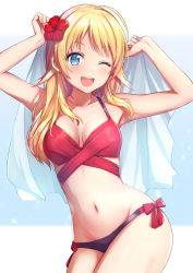 Rule 34 | 1girl, ;d, ahoge, alisia0812, armpits, arms up, bikini, blonde hair, blue eyes, blush, bow, breasts, cleavage, collarbone, commentary request, cowboy shot, flower, hachimiya meguru, hair flower, hair ornament, hibiscus, highres, holding, idolmaster, idolmaster shiny colors, long hair, looking at viewer, medium breasts, mismatched bikini, navel, one eye closed, open mouth, red bow, red flower, side-tie bikini bottom, smile, solo, stomach, swimsuit, teeth, thighs, two-tone background, upper teeth only