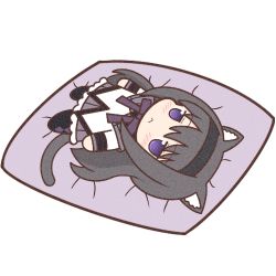 1girl :&lt; akemi_homura akemi_homura_(magical_girl) animal_ears argyle_clothes argyle_pantyhose black_hair black_hairband black_pantyhose blanket blush cat_ears cat_girl cat_tail chibi closed_mouth hairband long_hair long_sleeves looking_at_viewer lowres lying mahou_shoujo_madoka_magica mahou_shoujo_madoka_magica_(anime) on_back pantyhose purple_eyes simple_background solo tail white_background yuno385