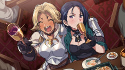 Rule 34 | 2girls, :d, ^ ^, alcohol, arm around shoulder, armor, asada hachi, banned artist, black choker, black gloves, blonde hair, blue hair, blush, bodice, boobplate, bottle, breastplate, breasts, catherine (fire emblem), chair, choker, cleavage, closed eyes, commentary, cup, dark-skinned female, dark skin, drinking, drinking glass, dutch angle, closed eyes, facing viewer, fire emblem, fire emblem: three houses, food, forehead, fork, from above, glint, gloves, green jacket, hand up, happy, highres, holding, holding cup, indoors, jacket, liquor, looking at viewer, multiple girls, nintendo, on chair, open clothes, open jacket, open mouth, plate, purple eyes, shamir nevrand, short hair, sitting, smile, table, teeth, twitter username, vambraces, watermark