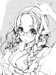 Rule 34 | 1girl, arm up, braid, elf, endou okito, glasses, greyscale, hair intakes, japanese clothes, kimono, looking at viewer, monochrome, obi, parted lips, pointy ears, sash, solo, tareme, twin braids