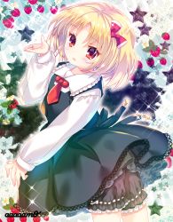 Rule 34 | 1girl, :d, amo (shibu3), black bloomers, black skirt, black vest, blonde hair, bloomers, blush, collared shirt, fingernails, flower, food, fruit, highres, long sleeves, necktie, open mouth, red eyes, red necktie, rumia, shirt, short hair, short necktie, skirt, skirt set, sleeves past wrists, smile, solo, sparkle, star (symbol), strawberry, strawberry blossoms, touhou, twitter username, underwear, vest, white shirt