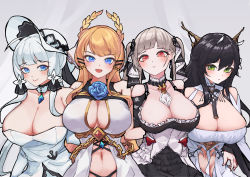 Rule 34 | 4girls, absurdres, antenna hair, antlers, azur lane, bare shoulders, between breasts, black dress, black hair, black panties, blonde hair, blue eyes, blue flower, blue gemstone, blue rose, breasts, cleavage, closed mouth, clothing cutout, corset, detached collar, dress, flower, formidable (azur lane), frilled dress, frills, gem, green eyes, hair ribbon, hat, highres, horns, huge breasts, illustrious (azur lane), indomitable (azur lane), large breasts, laurel crown, long hair, looking at viewer, mole, mole under eye, multiple girls, navel, necktie, necktie between breasts, nocturnal melonpan, open mouth, panties, parted lips, red eyes, revealing clothes, ribbon, rose, shirt, shoulder cutout, smile, sun hat, tress ribbon, two-tone dress, two-tone ribbon, underwear, very long hair, victorious (azur lane), white corset, white dress, white shirt