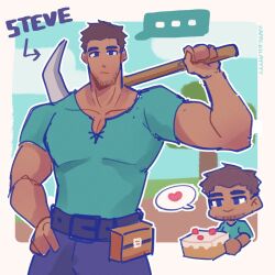 Rule 34 | ..., 1boy, bara, beard stubble, brown hair, cake, chibi, chibi inset, cowboy shot, dark-skinned male, dark skin, facial hair, food, heart, highres, holding, holding cake, holding food, holding pickaxe, kapalkilayyyy, large pectorals, looking at viewer, mature male, minecraft, muscular, muscular male, over shoulder, pants, pectoral cleavage, pectorals, personification, pickaxe, shirt, short hair, smile, spoken heart, steve (minecraft), stubble, thick eyebrows, weapon, weapon over shoulder