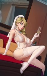 Rule 34 | 1girl, alcohol, anklet, blonde hair, blue eyes, breasts, breasts apart, bridal veil, champagne, champagne flute, commentary, commission, corset, cup, deilan12, drinking glass, dutch angle, elbow gloves, english commentary, eyelashes, garter straps, gloves, high heels, highres, jewelry, lace, lace-trimmed legwear, lace trim, large breasts, lingerie, lipstick, long legs, looking at viewer, makeup, medium hair, mirror, nose, official art, on bed, panties, payton douglas, pink lips, selling it, silver footwear, solo, spoilers, thighhighs, underwear, veil, white background, white panties, white thighhighs