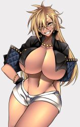 Rule 34 | 1girl, abs, absurdres, black gloves, blonde hair, bracelet, breasts, commentary, cropped jacket, dark-skinned female, dark skin, determined, english commentary, gloves, hand on own hip, highres, huge breasts, hz (666v), jacket, jewelry, long hair, muscular, muscular female, necklace, open clothes, open jacket, original, scar, scar across eye, scar on face, short shorts, shorts, smirk, solo, vecky (camui kamui), yellow eyes