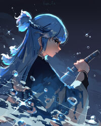 Rule 34 | 1girl, artist name, blue eyes, blue hair, bubble, earrings, fian f.n, from side, glint, highres, holding, holding sword, holding weapon, hololive, hololive indonesia, jewelry, katana, kobo kanaeru, long hair, night, night sky, profile, serious, sheath, sky, solo, sparkle, sword, unsheathing, upper body, virtual youtuber, water, weapon