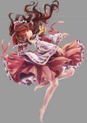 Rule 34 | 1girl, ascot, barefoot, brown hair, detached sleeves, frilled skirt, frills, from side, full body, grey background, hair ribbon, hair tubes, hakurei reimu, japanese clothes, long hair, long sleeves, looking at viewer, miko, open mouth, outstretched arms, plantar flexion, ponytail, red eyes, ribbon, shirt, simple background, skirt, skirt set, solo, standing, standing on one leg, torino aqua, touhou, vest, wide sleeves