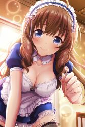 Rule 34 | 1girl, absurdres, ahoge, alternative girls, apron, arimura shion, blue dress, blue eyes, blush, breasts, brown hair, cleavage, closed mouth, dress, highres, indoors, long hair, looking at viewer, maid, maid headdress, official art, smile, solo, white apron