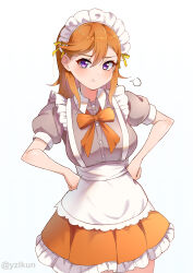 Rule 34 | 1girl, :t, absurdres, apron, artist name, blush, bow, breasts, buttons, closed mouth, commentary request, dress, frilled apron, frills, hands on own hips, highres, large breasts, looking at viewer, love live!, love live! superstar!!, maid, maid apron, maid headdress, medium breasts, medium hair, orange bow, orange hair, pout, puff of air, puffy short sleeves, puffy sleeves, purple eyes, ribbon, shibuya kanon, short sleeves, simple background, solo, standing, upper body, waist apron, white apron, white background, yellow ribbon, yzlkun