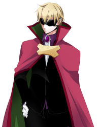 Rule 34 | 1boy, aged down, blazblue, blazblue: bloodedge experience, blindfold, blonde hair, cape, formal, gloves, hand on own hip, high collar, male focus, mask, motion, pointy ears, relius clover, short hair, simple background, suit, white background