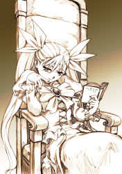 Rule 34 | 1girl, brown background, brown theme, chair, dance in the vampire bund, gradient background, hisahiko, manga (object), mina tepes, monochrome, reading, sitting, solo
