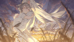 Rule 34 | 1girl, 1other, absurdres, animal ear fluff, animal ears, baby, baby carry, blurry, blurry foreground, carrying, closed eyes, cloud, cloudy sky, commentary, dress, floppy ears, from side, grass, grey hair, highres, light brown hair, long hair, original, outdoors, shirt, short hair, single barefoot, sky, tail, twilight, twitter username, very long hair, white dress, white shirt, yunikon